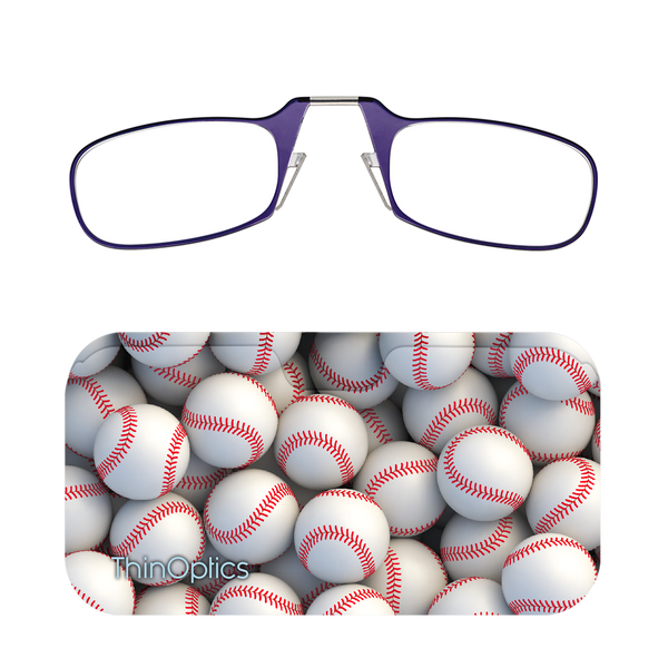 Purple ThinOptics Readers + Bucket of Balls Universal Pod Case with Readers above case