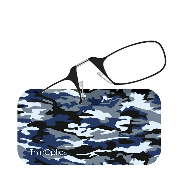 Black ThinOptics Readers peeking out of a Camo Chic Universal Pod