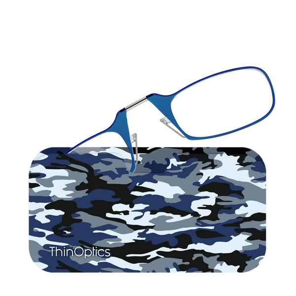 Blue ThinOptics Readers peeking out of a Camo Chic Universal Pod