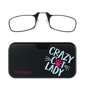 Black ThinOptics Readers + Crazy Cat Lady Universal Pod Case with Readers above case