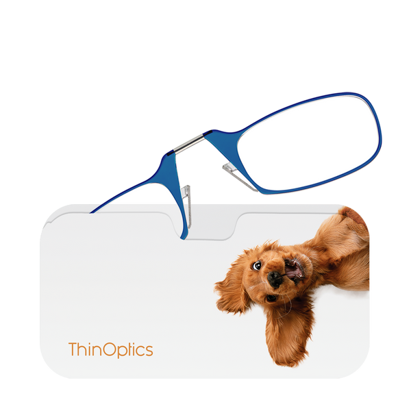 Blue ThinOptics Readers peeking out of a Peekawoof! Universal Pod