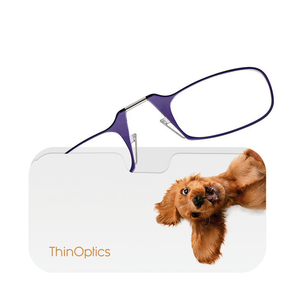 Purple ThinOptics Readers peeking out of a Peekawoof! Universal Pod