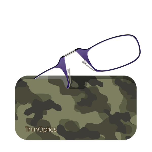 Purple ThinOptics Readers peeking out of a Classic Camo Universal Pod