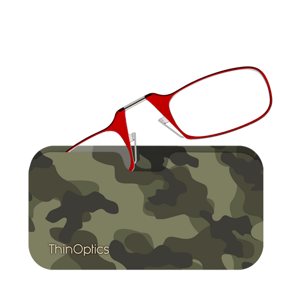 Red ThinOptics Readers peeking out of a Classic Camo Universal Pod