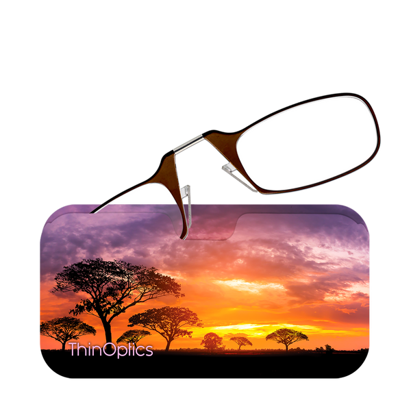 Brown ThinOptics Readers peeking out of a Safari Sunset Universal Pod