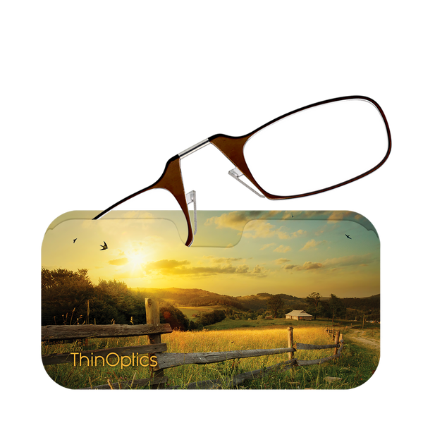 Brown ThinOptics Readers peeking out of a Sunrise Farm Universal Pod