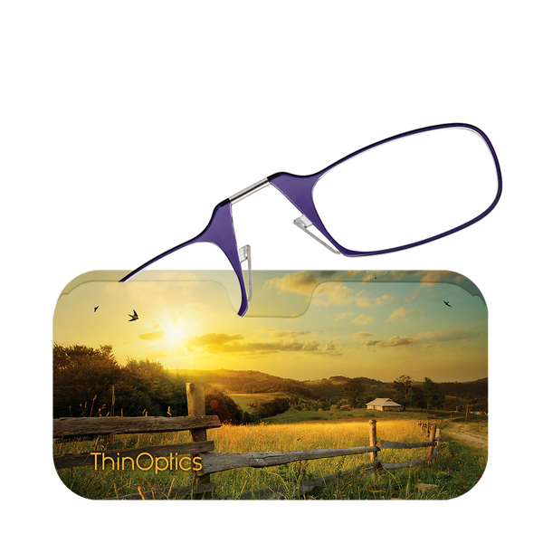 Purple ThinOptics Readers peeking out of a Sunrise Farm Universal Pod