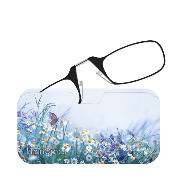 Black ThinOptics Readers peeking out of a Wildflower Haze Universal Pod