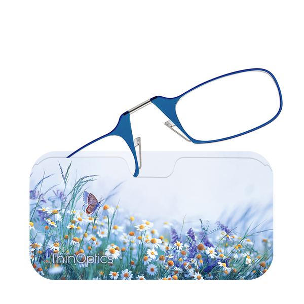 Blue ThinOptics Readers peeking out of a Wildflower Haze Universal Pod