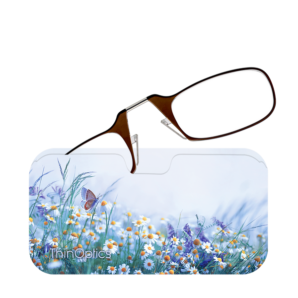 Brown ThinOptics Readers peeking out of a Wildflower Haze Universal Pod