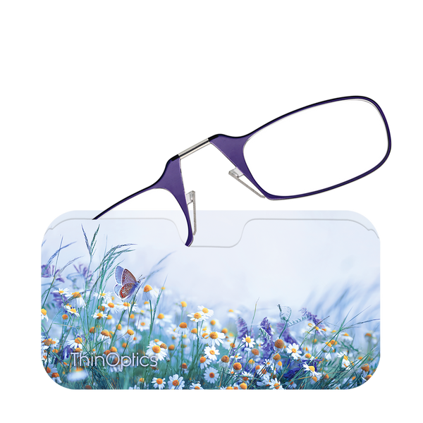 Purple ThinOptics Readers peeking out of a Wildflower Haze Universal Pod