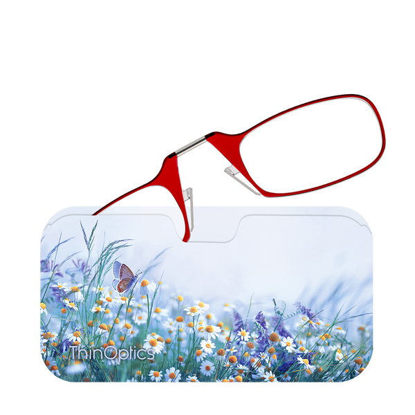 Red ThinOptics Readers peeking out of a Wildflower Haze Universal Pod